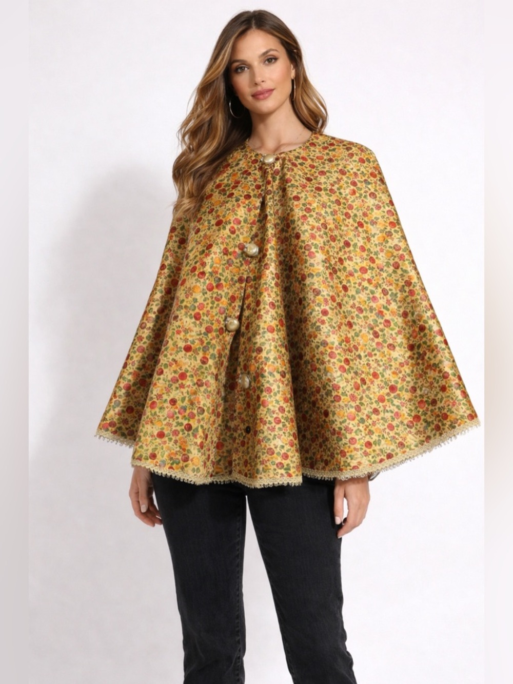 Martha Stewart Everyday Floral Yellow Cottagecore Cape Poncho Sweater One Size